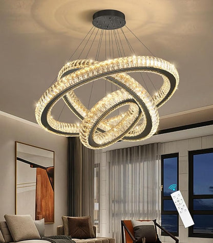 3 Rings Chandelier Modern Dimmable High Ceiling Large Ring Chanderliers Entryway Crystal Pendant Lights for Entryway Foyer Living Room Black Light