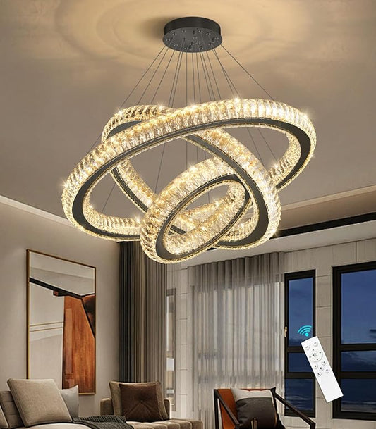 3 Rings Chandelier Modern Dimmable High Ceiling Large Ring Chanderliers Entryway Crystal Pendant Lights for Entryway Foyer Living Room Black Light