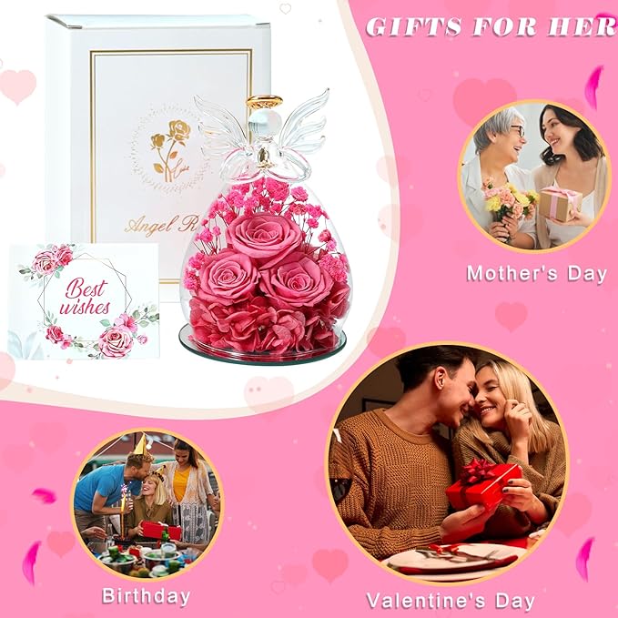 Beferr Valentines Day Rose Gifts for Her Women Mom Gifts for Birthday, Fresh Flowers for Delivery Prime Forever Preserved Rose in Glass Angel Figurine, for Grandma Wife Kids Daughter