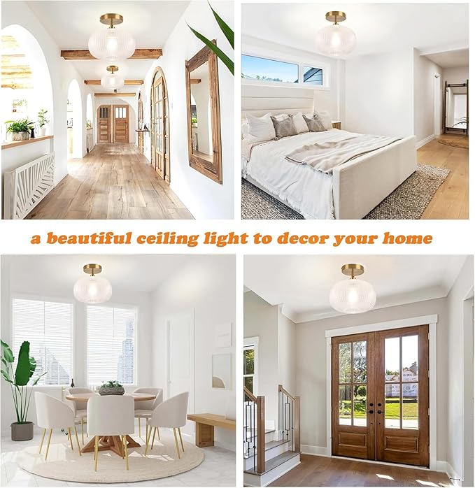 Gold Semi Flush Mount Ceiling Light Fixture,Hallway Light Fixtures,Industrial Close to Ceiling Mount,Globe Glass Ceiling Fixture,Vintage Ceiling Lamp,Farmhouse Lighting for Bathroom Entryway Bedroom