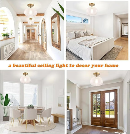 Gold Semi Flush Mount Ceiling Light Fixture,Hallway Light Fixtures,Industrial Close to Ceiling Mount,Globe Glass Ceiling Fixture,Vintage Ceiling Lamp,Farmhouse Lighting for Bathroom Entryway Bedroom