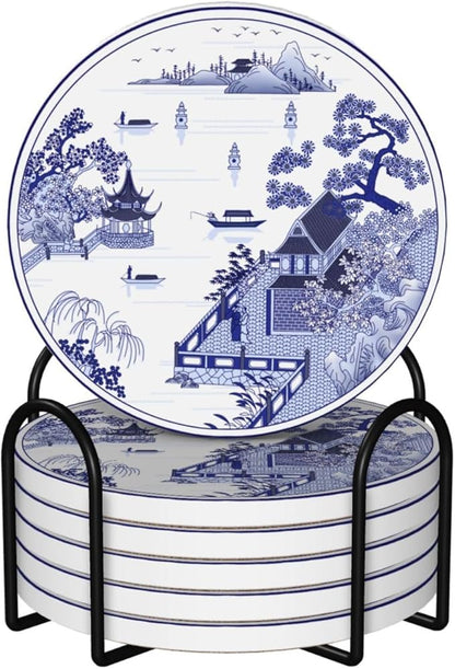 6 Pcs Ceramic Coasters with Holder Absorbent Drink Round China Blue and White Porcelain Royal Collection Design for Home Table Coffee Cup Wine Beer Bar,Size 4 inches