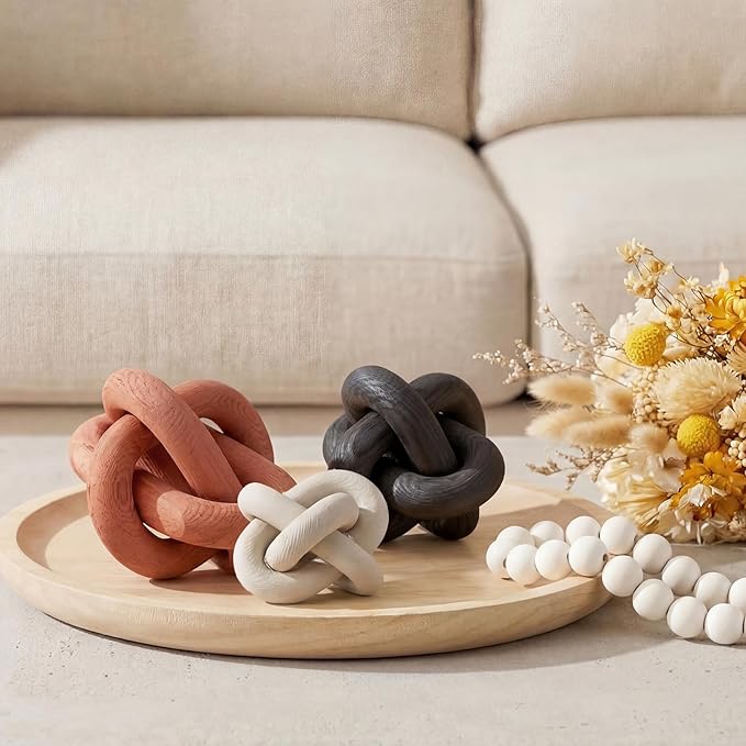 3 Pack Wooden Knot Decorations 3 Color Set Coordinated Boho Nautical Home Decor for Shelf, Wall, Tabletop, Sizes 3.94", 4.72", 5.91"(Rust)