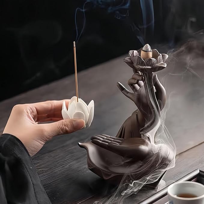 Lotus Backflow Incense Burner– Ceramic Cones Incense Holder with 60 Incense Cones + 30 Sticks + 1 Mat+1 Tweezers | Waterfall Incense Burner & Waterfall Fountain |