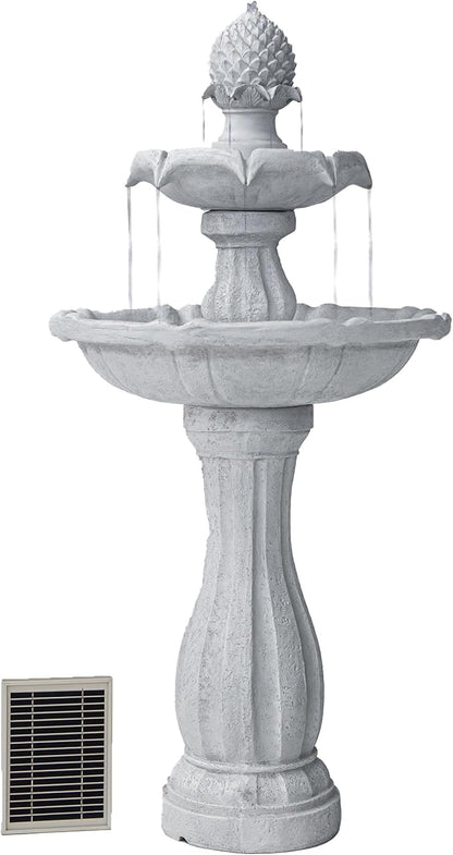 XBrand 44" H White Fiberglass/Resin 2-Tier Solar Water Feature w/Auto-Off Pump - Tall Outdoor Birdbath Fountain