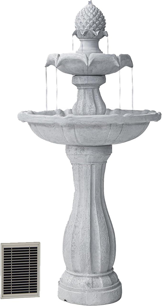 XBrand 44" H White Fiberglass/Resin 2-Tier Solar Water Feature w/Auto-Off Pump - Tall Outdoor Birdbath Fountain