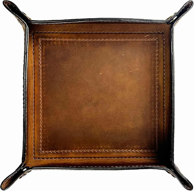 Tolredo Handmade Top Grain Leather Valet Tray – Elegant Organizer for Wallet, Keys, and Phone – Rich Brown (Pack of 2)