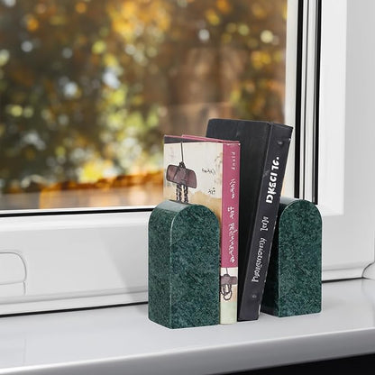 Koville Indian Natural Marble Bookends for Shelves, Decorative Book Ends, 7lbs Heavy-Duty Marble Book Holders, Bookshelf Apartment Decor for Normal Books/CD/Video Games(Indian Green)