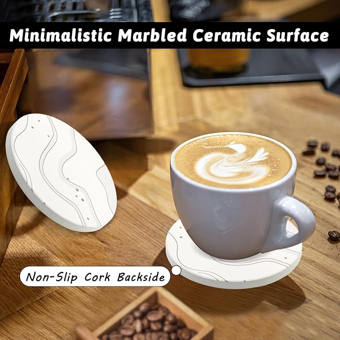Coaster Set of 4, Drink Coasters with Holder, Absorbent Ceramic Coasters for Dining Table, 4 Inch Round Coasters Set for Drinks, Cup Coaster for Home Decor, Housewarming Gift, (R&C)