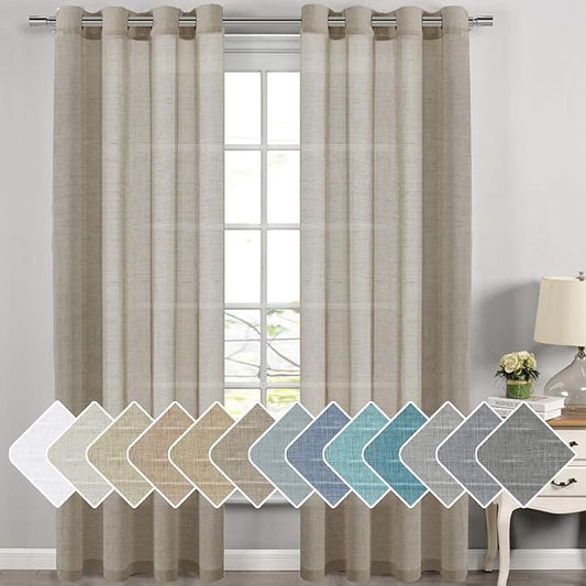 H.VERSAILTEX Linen Curtains Flax Linen Blended Curtain Panels for Living Room/Bedroom Semi Sheer Privacy Curtains 108 inch Length 2 Panels Set Nickel Grommet Window Drapes,Taupe