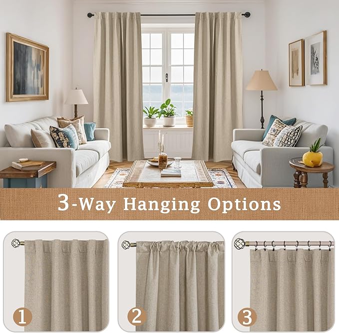 LAMIT Linen Full Blackout Window Curtains for Bedroom, 54 Inches Thermal Farmhouse Curtains Back Tab and Rod Pocket Privacy Protected Burlap Panels with White Liner, 2 Panels, 52 x 54 Inch, Taupe