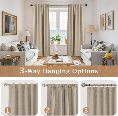 LAMIT 100% Blackout Linen Curtains 63 Inches Long, Linen Textured Living Room Farmhouse Curtains Full Room Darkening Back Tab and Rod Pocket Panels with White Liner, 2 Panels, Taupe, 60 x 63 Inch