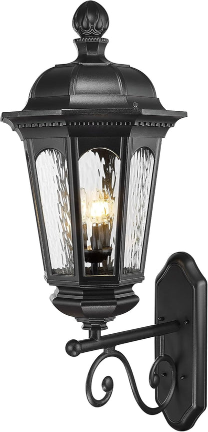 Emliviar Farmhouse 39 Inch Exterior Wall Light Fixture, 3-Light Outdoor Porch Light Wall Mount in Black Finish, Water Ripple Glass, E12, XE304B BK-SW