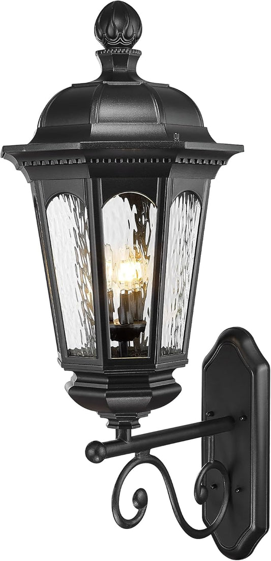 Emliviar Farmhouse 39 Inch Exterior Wall Light Fixture, 3-Light Outdoor Porch Light Wall Mount in Black Finish, Water Ripple Glass, E12, XE304B BK-SW