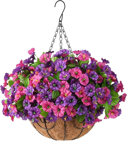 Homsunny Artificial Fake Hanging Flowers with Basket for Outdoors, Faux Silk Petunias Flower Spring Summer Decor UV Resistant Look Real for Home Outside Patio Front Porch Decorations