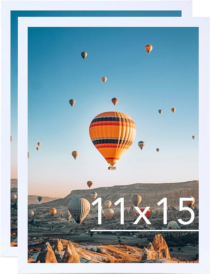 11x15 White Picture Frame Set of 2, Horizontal and Vertical Formats for Wall Hanging, 11 x 15 Wall Gallery Poster Photo Frames with Shatter Resistant Plexiglass, 2 Pack, White