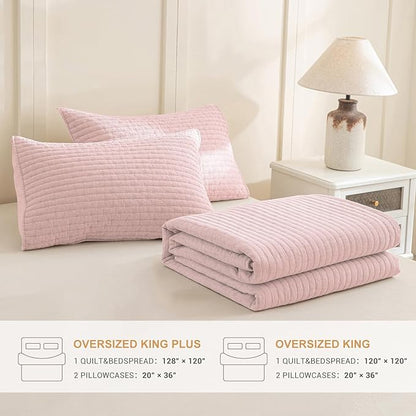 Sanracie Stonewashed Cotton Coverlet Oversized King(120"x120"), Light Pink Cross Stitch Pattern California King Quilt Sets 3Pcs Ultra Soft Lightweight Crinkle Bed Coverlet Set for All Season