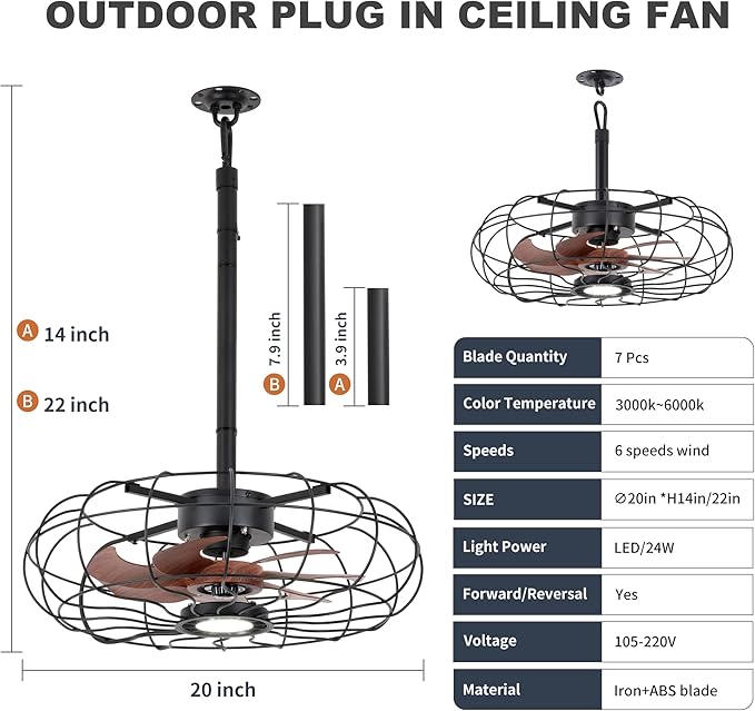20" Outdoor Ceiling Fan with Light, With Remote and App Remote, IP65 Waterproof Gazebo Hanging Fan, 3CCT Dimmable, Portable Plug in Ceiling Fan with Cord Hook for Patio Porch Pergola Indoor(Black)