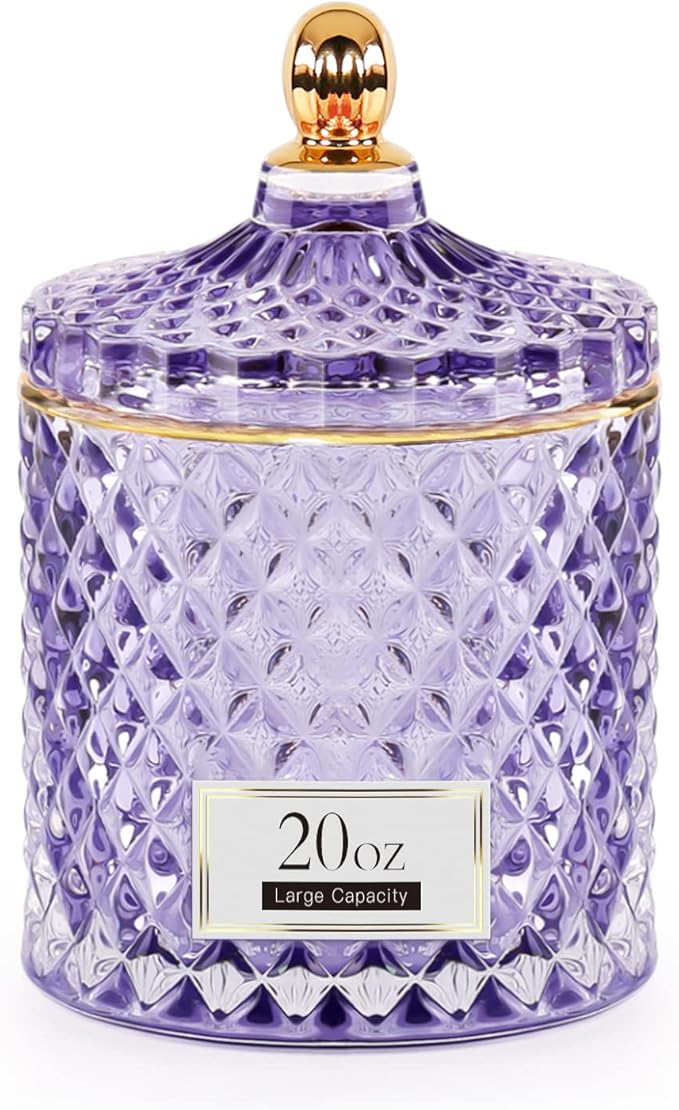 Candy Dish Glass Cookie Jar with Lid Candy Bowl for Office Desk Decor, Apothecary Jars Purple Bathroom Accessories Cute Room Decor Aesthetic, Q Tip Holder Decorative Glass Jewelry Box (20oz)