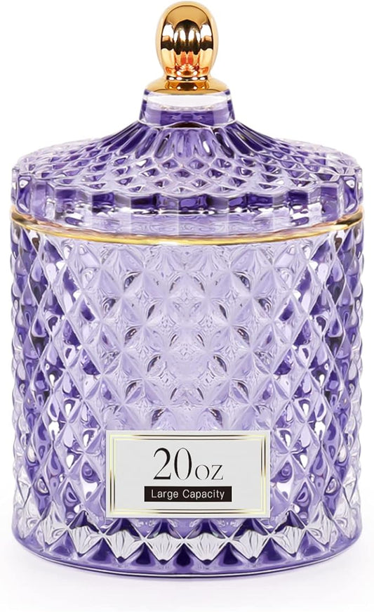 Candy Dish Glass Cookie Jar with Lid Candy Bowl for Office Desk Decor, Apothecary Jars Purple Bathroom Accessories Cute Room Decor Aesthetic, Q Tip Holder Decorative Glass Jewelry Box (20oz)
