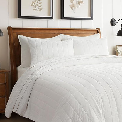 EVERGRACEHOME 100% Cotton Box Stitch Quilt Bedding Set Queen Size 3 Pieces, Garment-Washed Lightweight Soft Cozy Coverlet, Quilted Bedspread Sets with 2 Shams for All Season, Bright White
