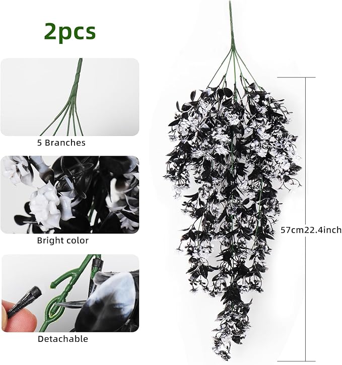 RECUTMS Realistic Artificial Black Hanging Plants Pack of 2 Faux Black Hanging Plant Outdoor Indoor with Lights LED Fairy String Rose Fake Hanging Flwers Decor for Office House (Black and White)
