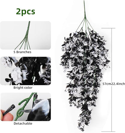 RECUTMS Realistic Artificial Black Hanging Plants Pack of 2 Faux Black Hanging Plant Outdoor Indoor with Lights LED Fairy String Rose Fake Hanging Flwers Decor for Office House (Black and White)