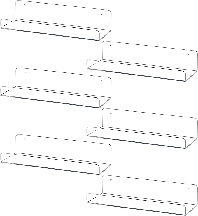 Sooyee 6 Pack Floating Shelves,15 Inch Acrylic Shelves Floating Bookshelf,Funko Pop Display Shelf, Invisible Picture Ledge Wall Mounted Shelves,Clear Shelves