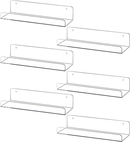 Sooyee 6 Pack Floating Shelves,15 Inch Acrylic Shelves Floating Bookshelf,Funko Pop Display Shelf, Invisible Picture Ledge Wall Mounted Shelves,Clear Shelves