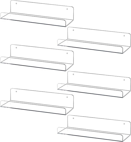 Sooyee 6 Pack Floating Shelves,15 Inch Acrylic Shelves Floating Bookshelf,Funko Pop Display Shelf, Invisible Picture Ledge Wall Mounted Shelves,Clear Shelves