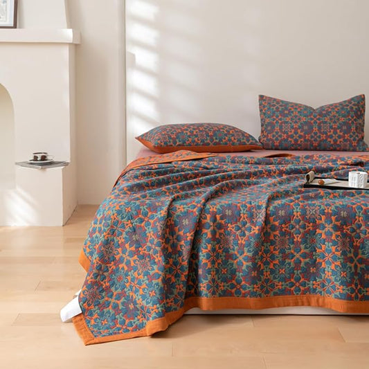 100% Cotton Muslin Blanket Jacquard Bohomian Mandala Floral Print Quilt, Soft Bed Cover Reversible Bedspread Coverlet Breathable Lightweight Bedding Full/Queen(78"x94"), No Pillow Sham
