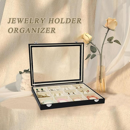 Stratalife Jewelry Organizer Bracelet Holder Organizer Box Earring Storage Drawer Jewelry Display Anti Tarnish Ring Holder For Women Girls 12 Grid (Beige Black)