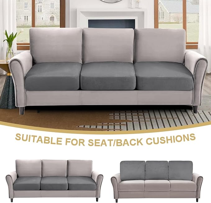 H.VERSAILTEX Individual Seat Covers Stretch Couch Covers for 3 Cushion Couch Sofa Pet Friendly Soft Suede Couch Cushion Covers Washable(3 Piece Sofa Cover,Grey)