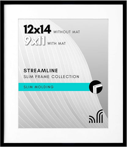 Americanflat 12x14 Picture Frame with Polished Plexiglass - Use as 9x11 Frame with Mat or Display 12x14 Photo Without Mat - Streamline Collection - Thin Border Picture Frames for Wall - Black