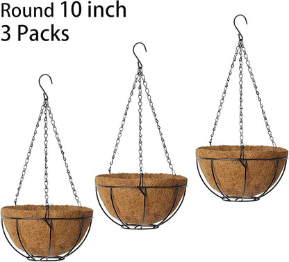 3-Pack Hanging & Wall-Mounted Plant Baskets with Natural Coconut Fiber Liner, Decorative Planters for Home Garden Patio Yard (3Pack FlatHanger, 10Inch)