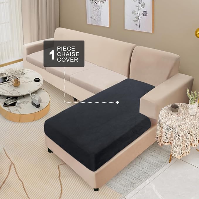 NAISI Sectional Couch Cover 1 Piece Velvet Separate Chaise Lounge Cover Soft Stretch Sofa Slipcovers for Left/Right Chaise Sectional Couch(Chaise Lounge,Black)