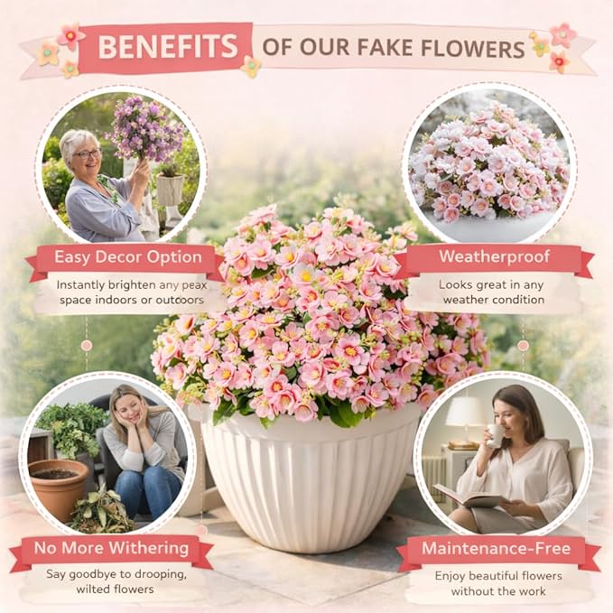 alyptus Artificial Flowers for Outdoors, 12 Bundles UV Resistant Spring Fake Flowers for Porch, Patio & Garden Decor – Realistic Outdoor Fake Plants with Lasting Color - Pink