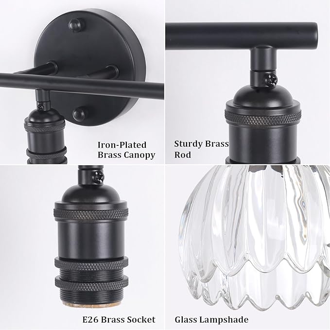 Bathroom Light Fixtures, 3-Light Black Vanity Wall Light Over Mirror with Clear Tulip Glass Shade for Bedroom Living Room (Bulb Not Included)