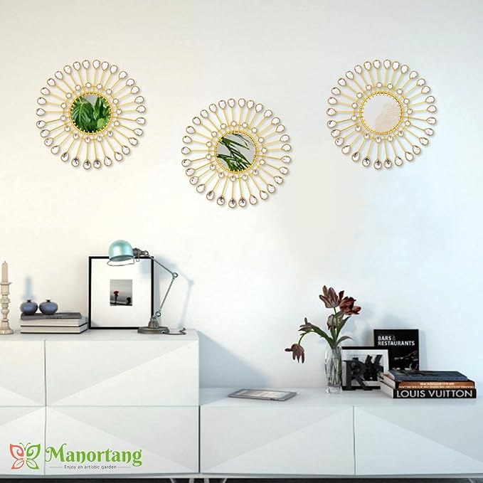 Gold Mirrors - Sunburst Christmas Wall Art, Decorative Round Mirrors for Christmas Bedroom, Living Room, Bathroom, Kitchen, Entryway, Hallway - Set of 3