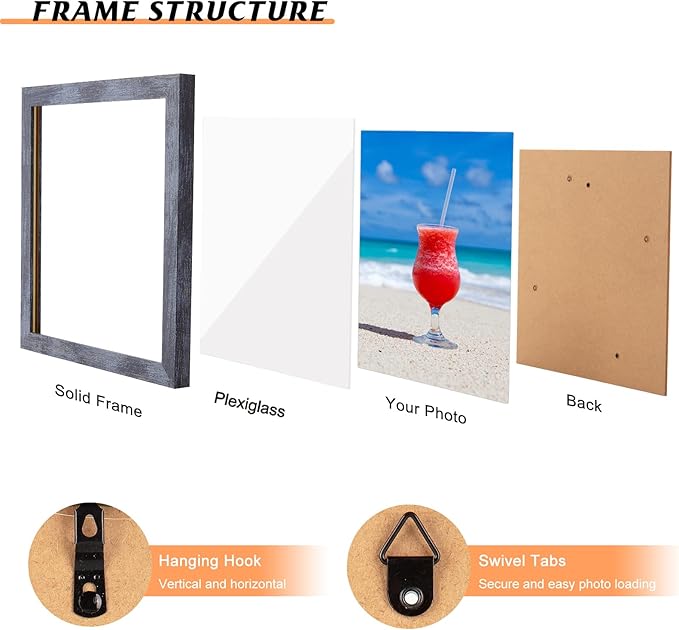 7x9 Picture Frame Blue, Rustic Natural 9x7in Photo/Portrait/Poster/Art Frame, Wall Hanging/Tabletop, Horizontal/Vertical Display Gallery Family Wedding Memorial Pic Frame Gift