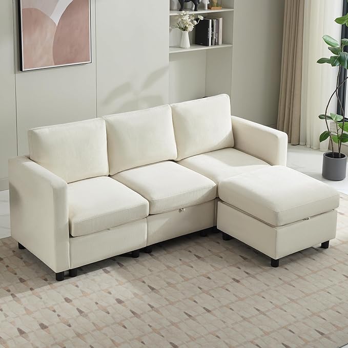 83”L-Shaped Modular Sectional Sofa with Storage & Movable Ottoman, Convertible 4-Seat Reversible Chaise Chenille Couch for Living Room, Soft Beige Fabric, Modern Design