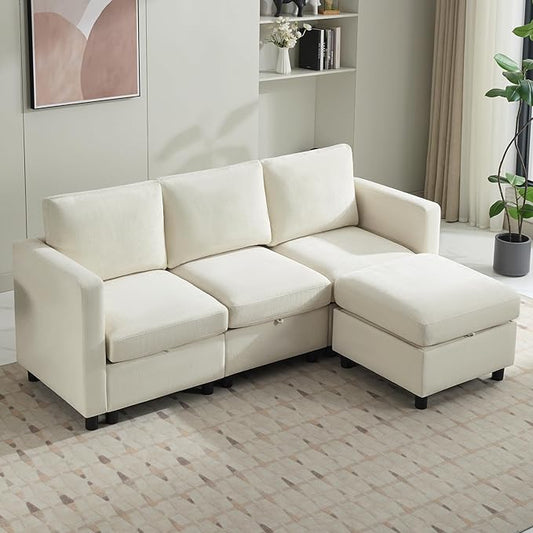 83”L-Shaped Modular Sectional Sofa with Storage & Movable Ottoman, Convertible 4-Seat Reversible Chaise Chenille Couch for Living Room, Soft Beige Fabric, Modern Design