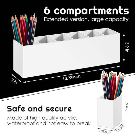 Jetec Acrylic Pen Holder 6 Compartments Makeup Brush Stationery Organizer Pencil Holder for Desk Accessories, Cosmetic Brushes, Dorm, Home, Bathroom, Kitchen, Office Supplies(White)