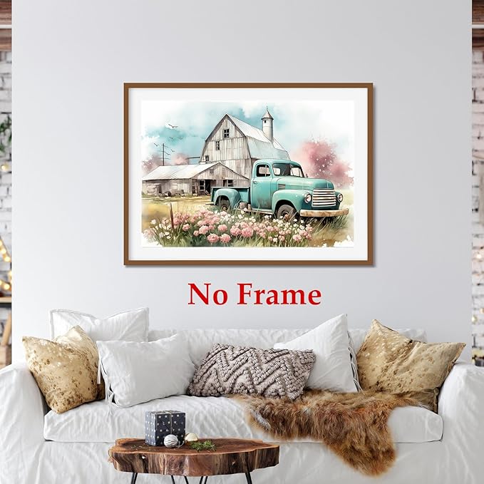 Blue Truck Poster Rustic Landscape Painting Farmhouse Tractor Wall Art Country House Painting Farmhouse Barn Picture Old Tractor Canvas Wall Art Old Barn Poster Blue Farmhouses Picture 16x24in No Frame