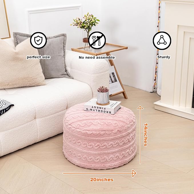 Round Plush Ottoman Pouf Stuffed– Fluffy Ottoman Foot Rest with Modern Foam Filler 20" x 14" Cozy Floor Pouf for Living Room & Bedroom