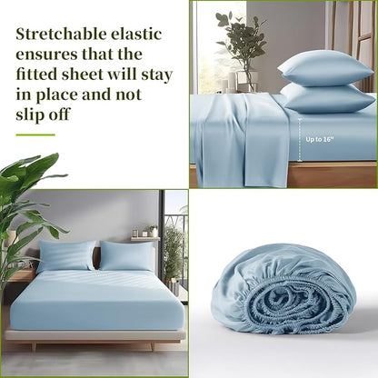 Shilucheng 100% Viscose Derived from Bamboo_ Sheets Queen Size 6pcs - Ultra Cooling & Silky Soft Bed Sheets, 16" Deep Pocket, Perfect for Hot Sleepers, Hotel Bedding Sheets (Teal Blue)