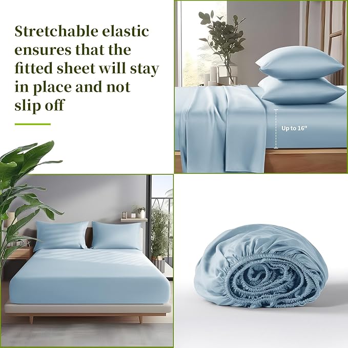 Shilucheng 100% Viscose Derived from Bamboo_ Sheets Queen Size 6pcs - Ultra Cooling & Silky Soft Bed Sheets, 16" Deep Pocket, Perfect for Hot Sleepers, Hotel Bedding Sheets (Teal Blue)