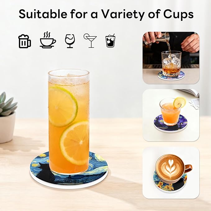 6-Piece Ceramic Coaster Set with Tray Diameter: 3.94 in Thickened Absorbent Material Heat-Resistant and Water-Absorbent Coaster Set Suitable for All Types of Cups， Van Gogh Cats