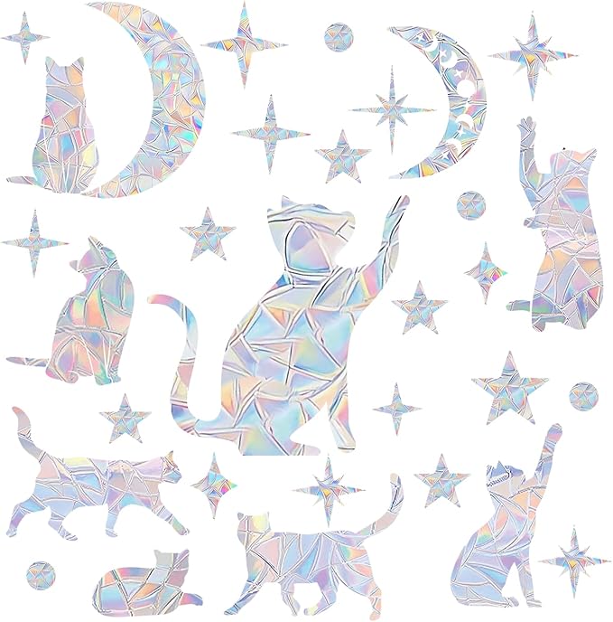 59 Pieces Star Moon Cat Sun Catcher Window Clings for Glass Windows, Anti-Collision Stickers Decals Prevent Bird Strikes,Rainbow Prismatic Window Clings Non Adhesive