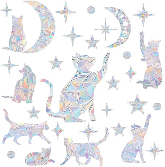 59 Pieces Star Moon Cat Sun Catcher Window Clings for Glass Windows, Anti-Collision Stickers Decals Prevent Bird Strikes,Rainbow Prismatic Window Clings Non Adhesive